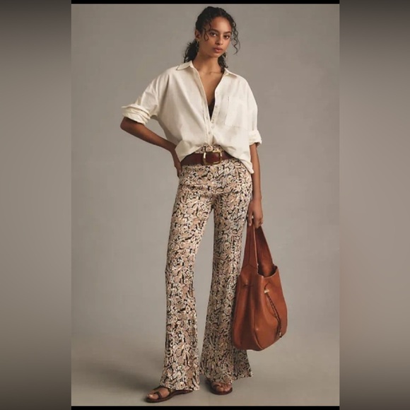 Anthropologie Pants - Anthropologie Satin Flare Pants Sz 12 Bohemian Print Black Tan Side Zip